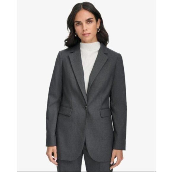 Calvin Klein Womens One Button Pinstripe Lux Suit Jacket Blazer Gray Size 8 NWT - Picture 1 of 5